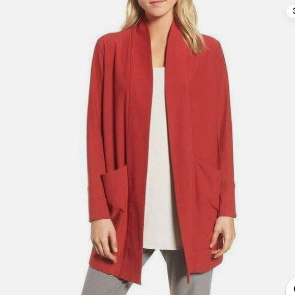Eileen Fisher Open Front Stretch Crepe Long Jacket In Brick Red Size L - Picture 3 of 15